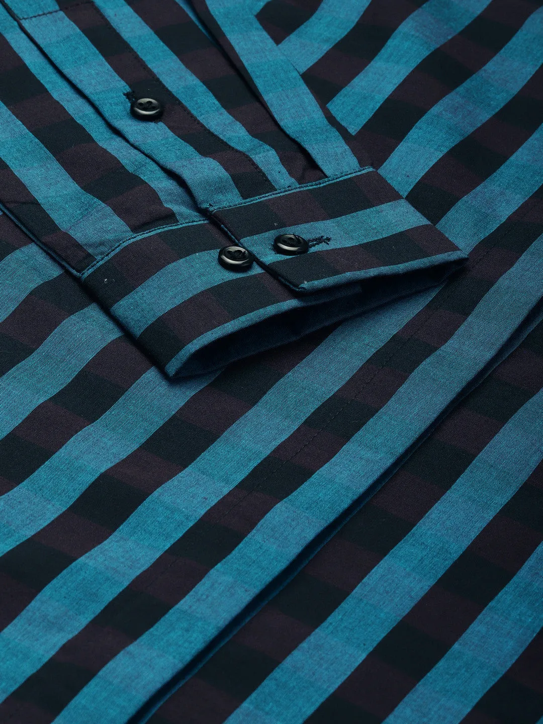 Women Black & Turquoise Blue Striped Pure Cotton Slim Fit Formal Shirt