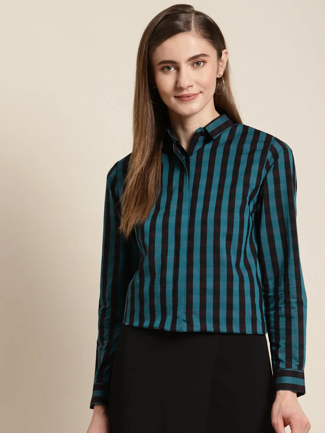 Women Black & Turquoise Blue Striped Pure Cotton Slim Fit Formal Shirt