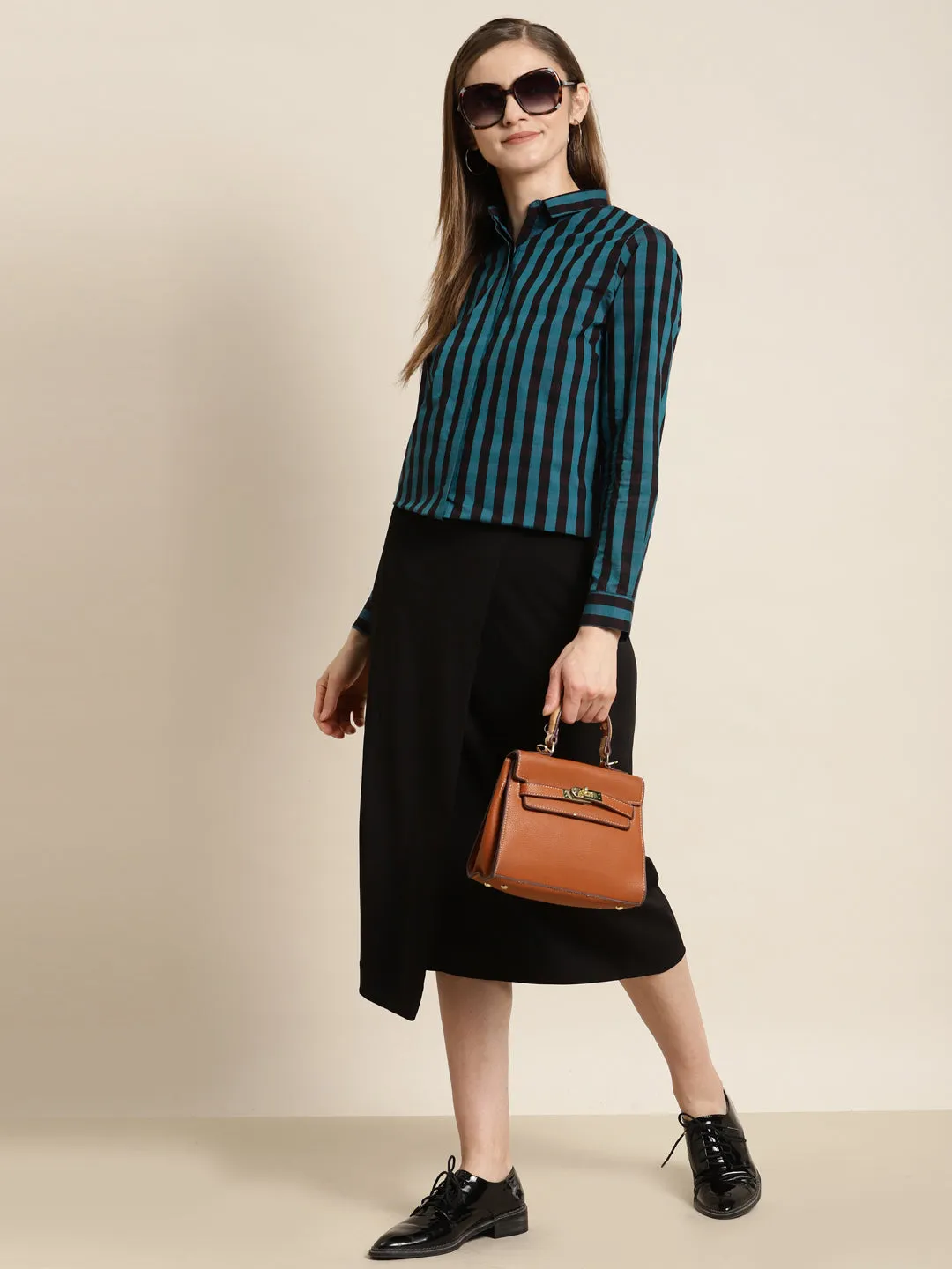 Women Black & Turquoise Blue Striped Pure Cotton Slim Fit Formal Shirt
