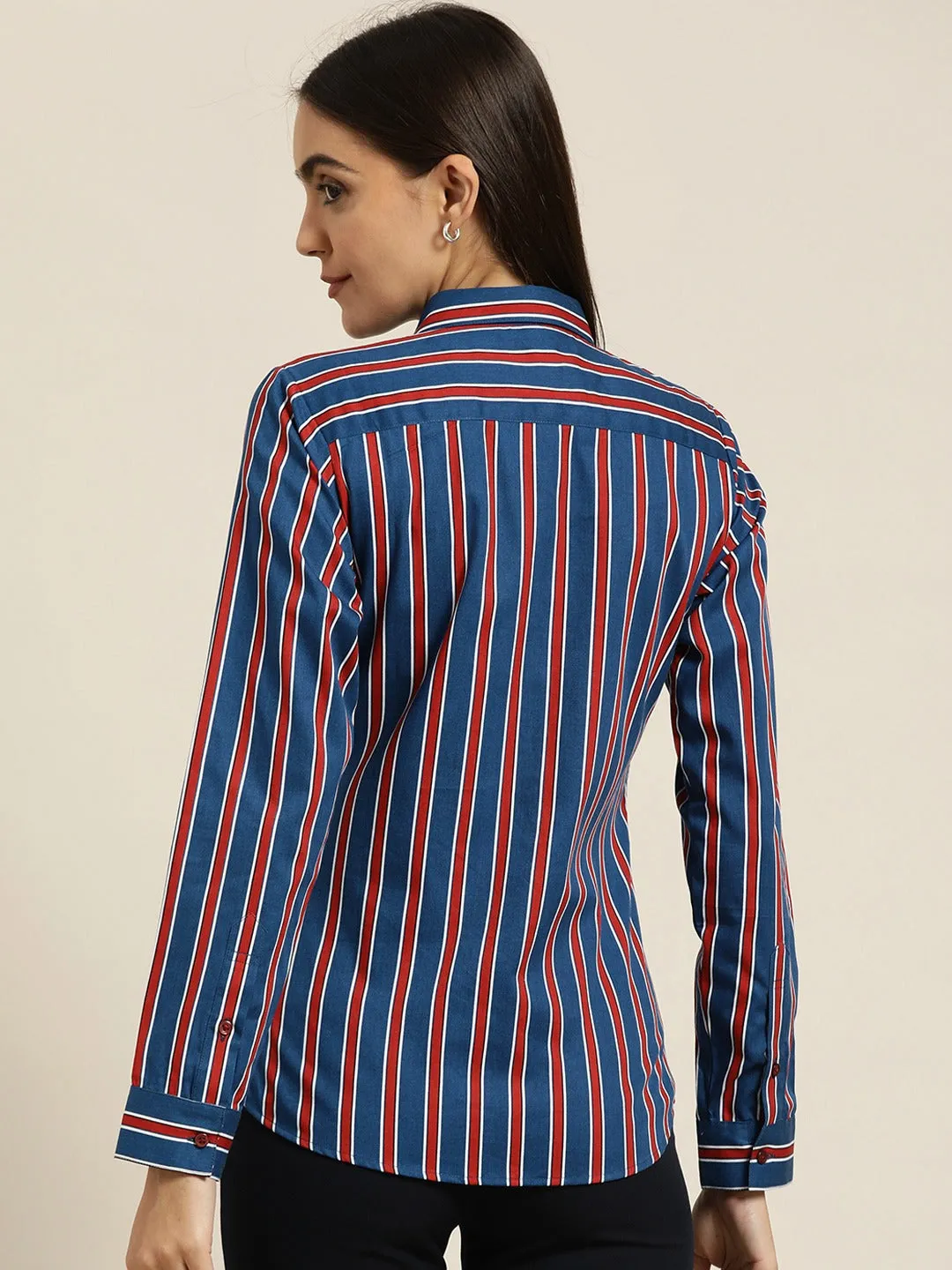 Women Blue & Red Striped Cotton Slim Fit Formal Shirt