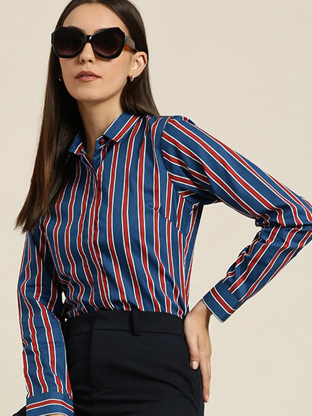 Women Blue & Red Striped Cotton Slim Fit Formal Shirt