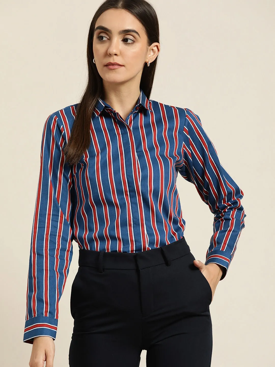 Women Blue & Red Striped Cotton Slim Fit Formal Shirt