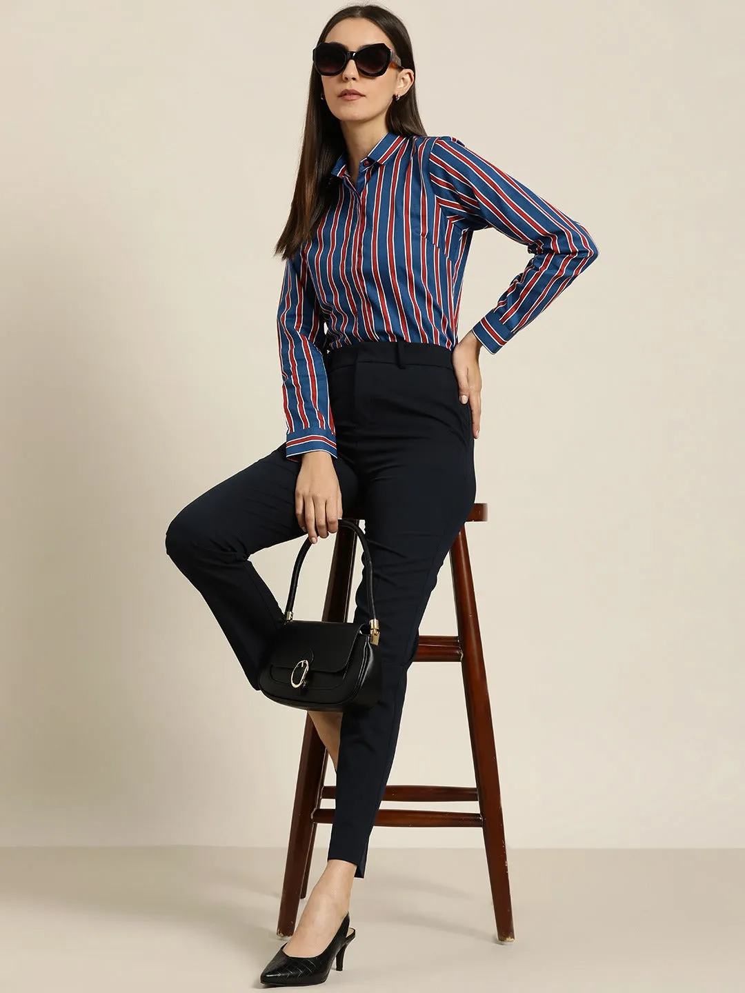 Women Blue & Red Striped Cotton Slim Fit Formal Shirt