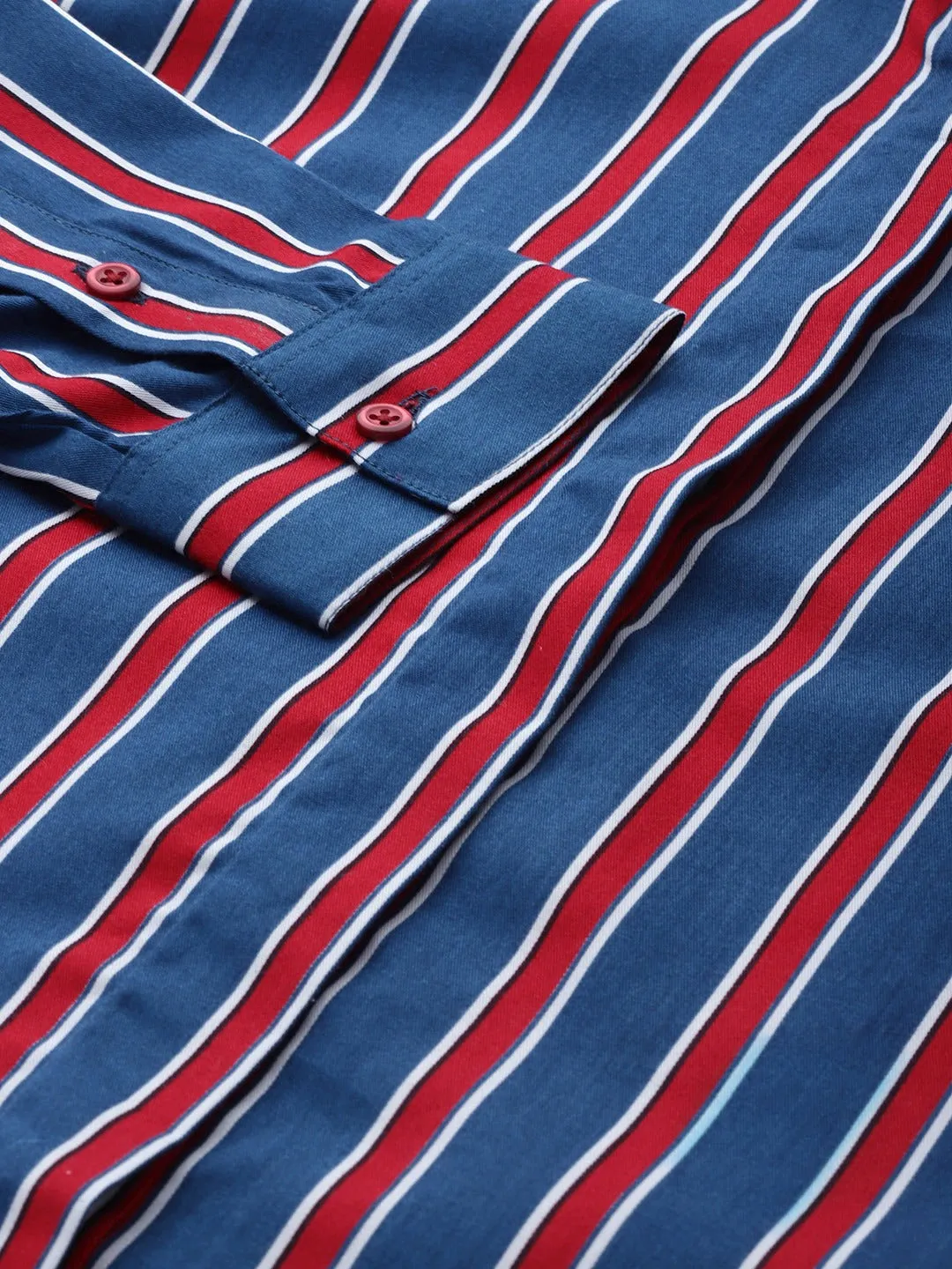 Women Blue & Red Striped Cotton Slim Fit Formal Shirt