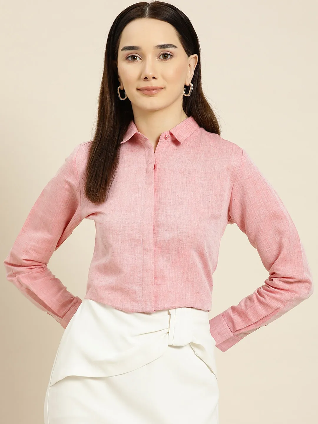 Women Coral Solids Pure Cotton Slim Fit Formal Shirt