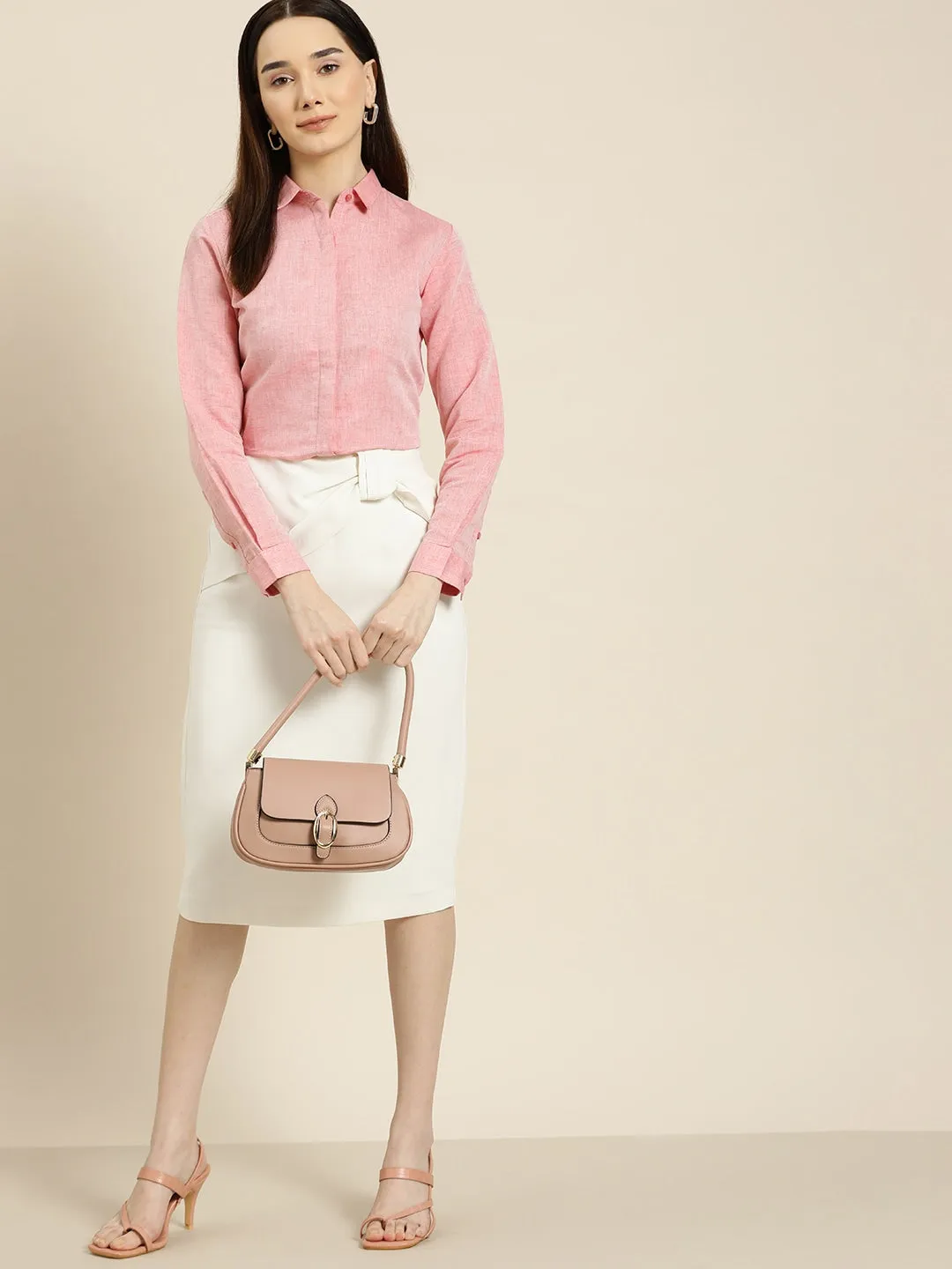 Women Coral Solids Pure Cotton Slim Fit Formal Shirt