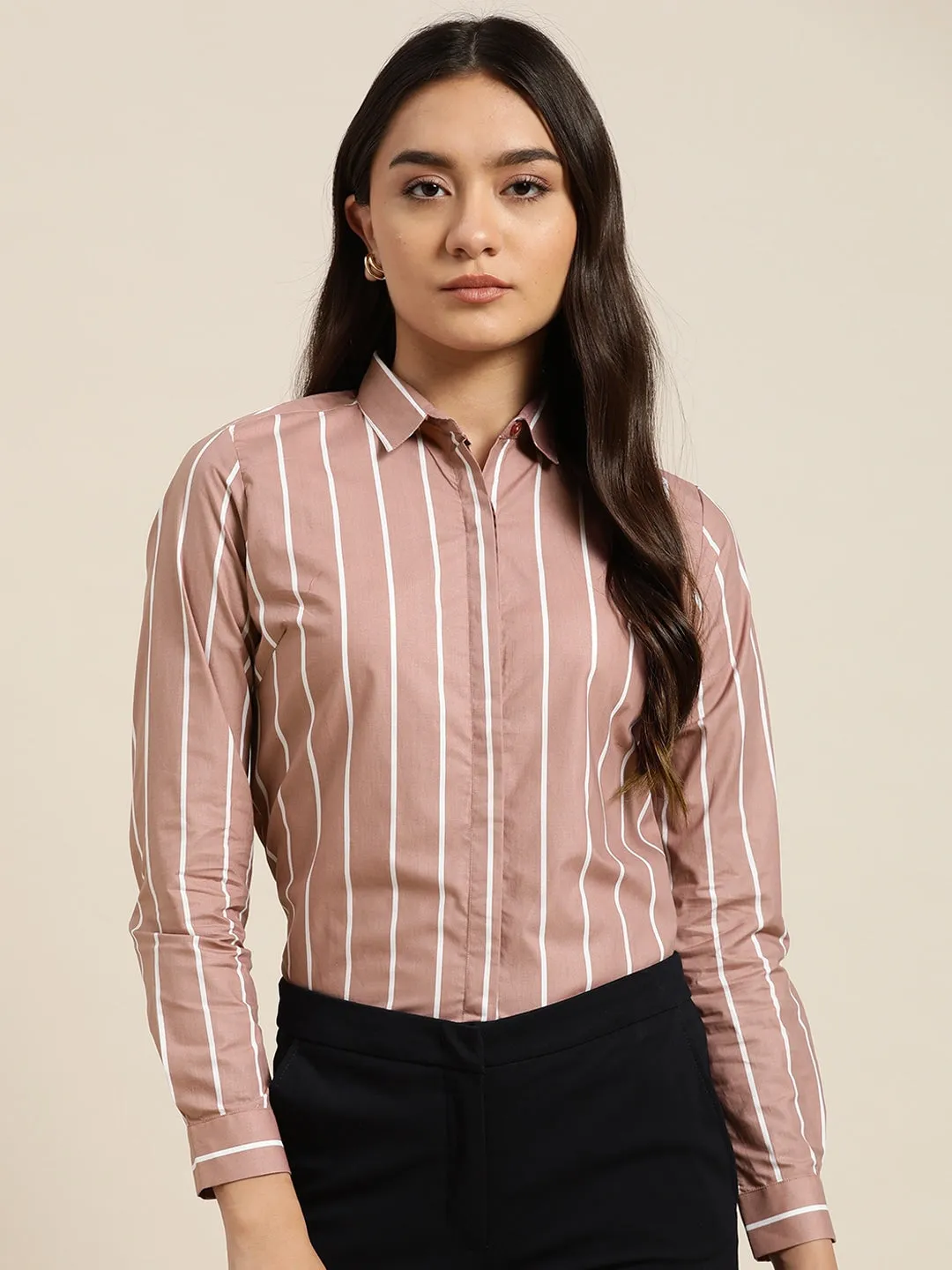 Women Coral Stripes Pure Cotton Slim Fit Formal Shirt