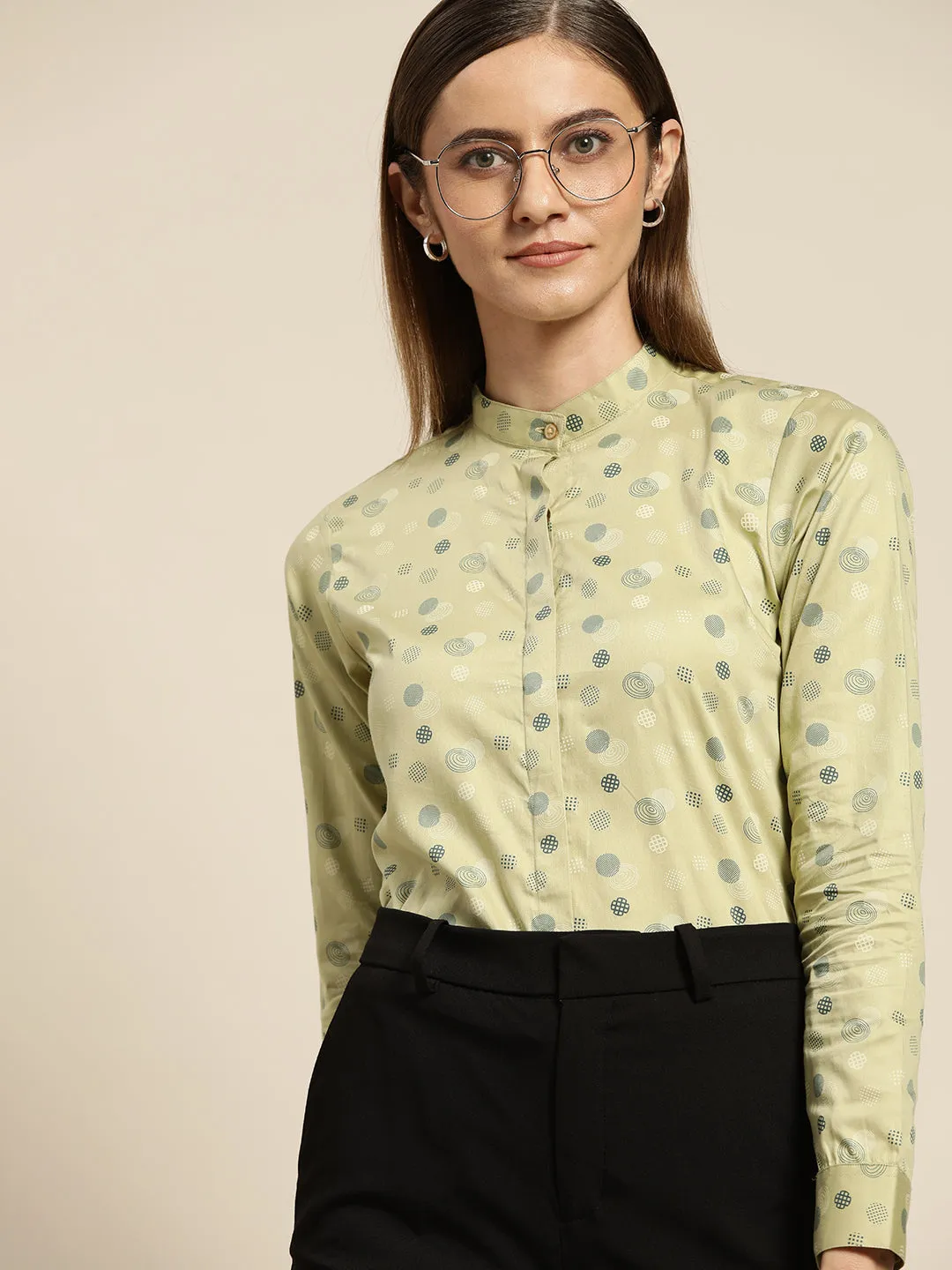 Women Green Printed Pure Cotton Slim Fit Formal Shirt