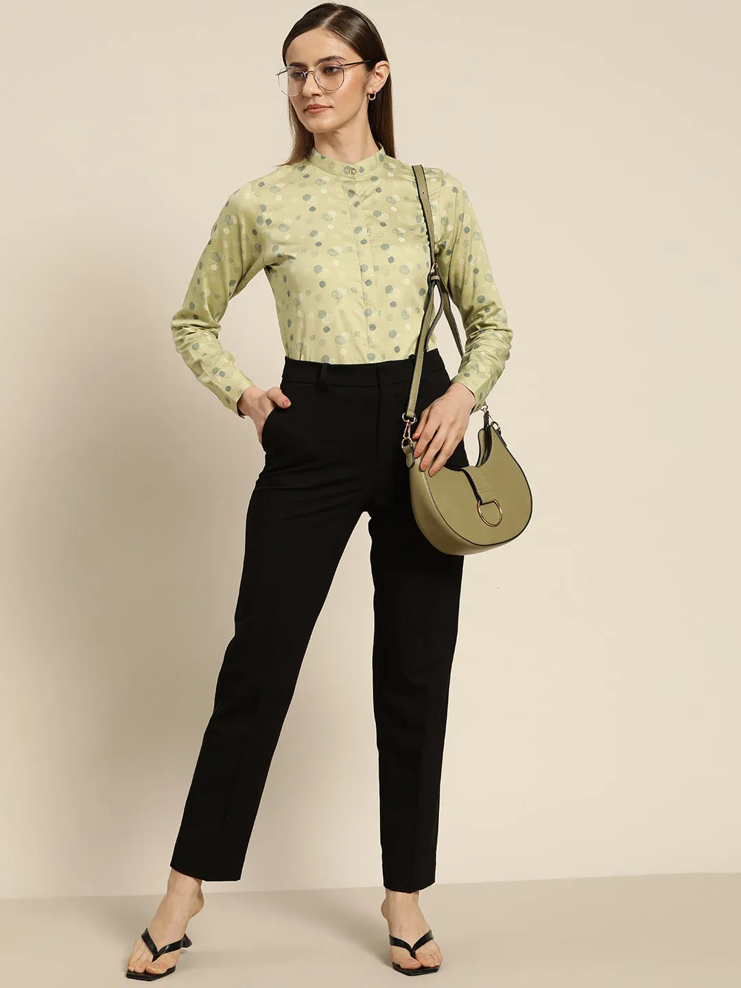 Women Green Printed Pure Cotton Slim Fit Formal Shirt