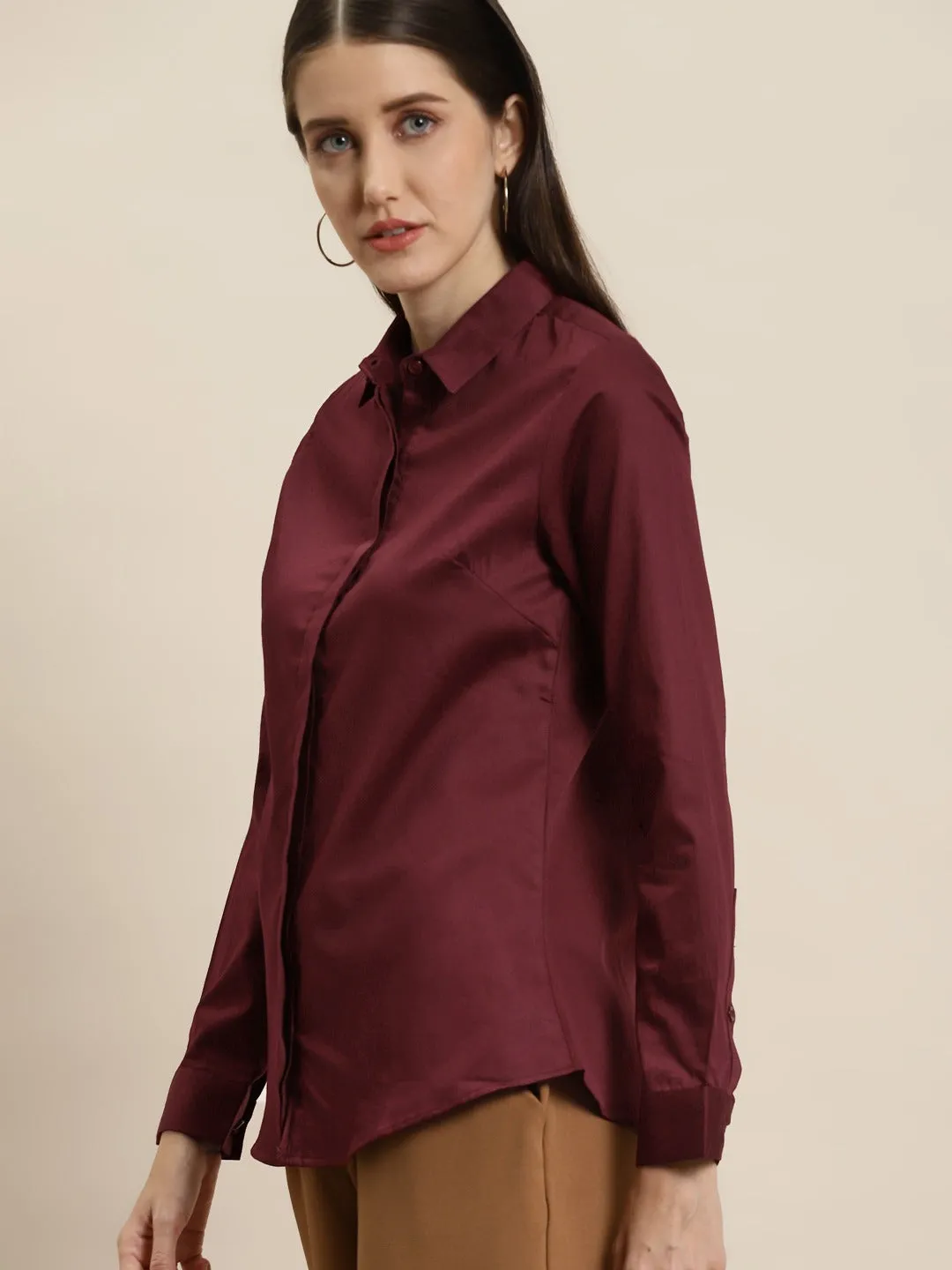 Women Maroon Solid Pure Cotton Satin Slim Fit Formal Shirt