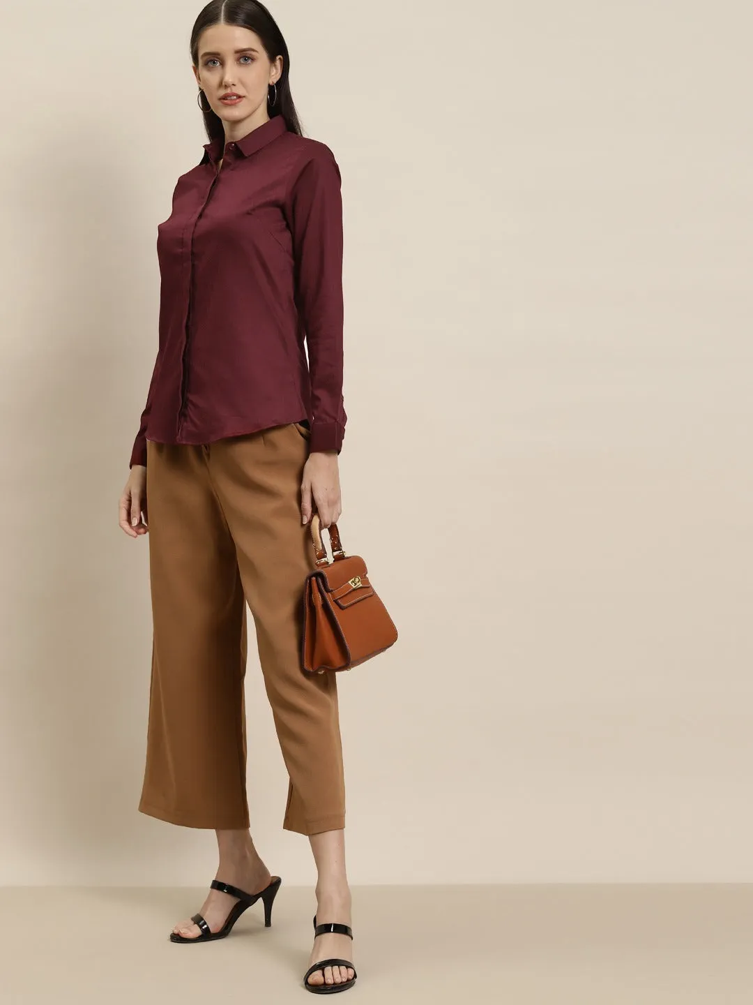 Women Maroon Solid Pure Cotton Satin Slim Fit Formal Shirt