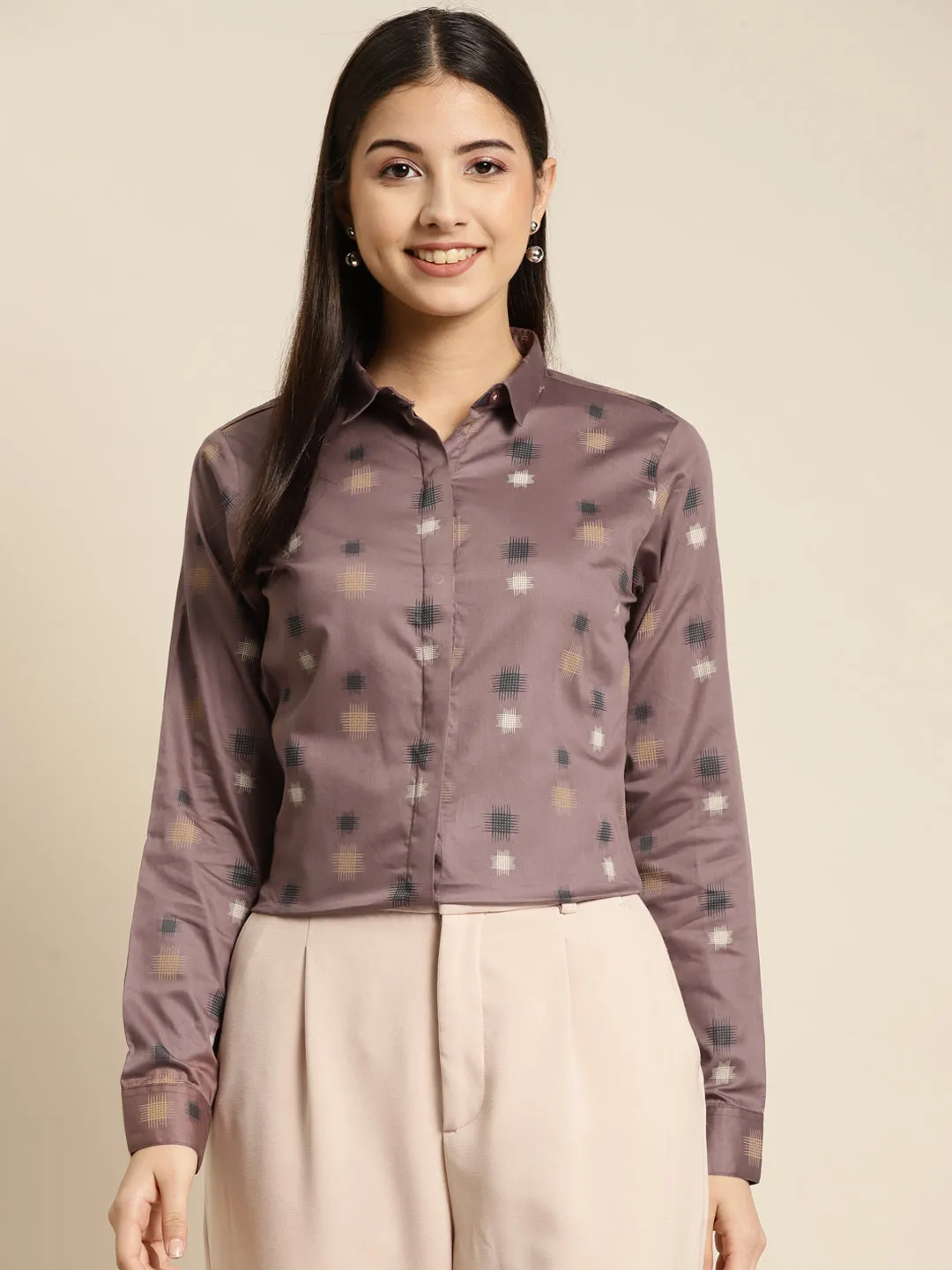 Women Mauve Printed Pure Cotton Slim Fit Formal Shirt