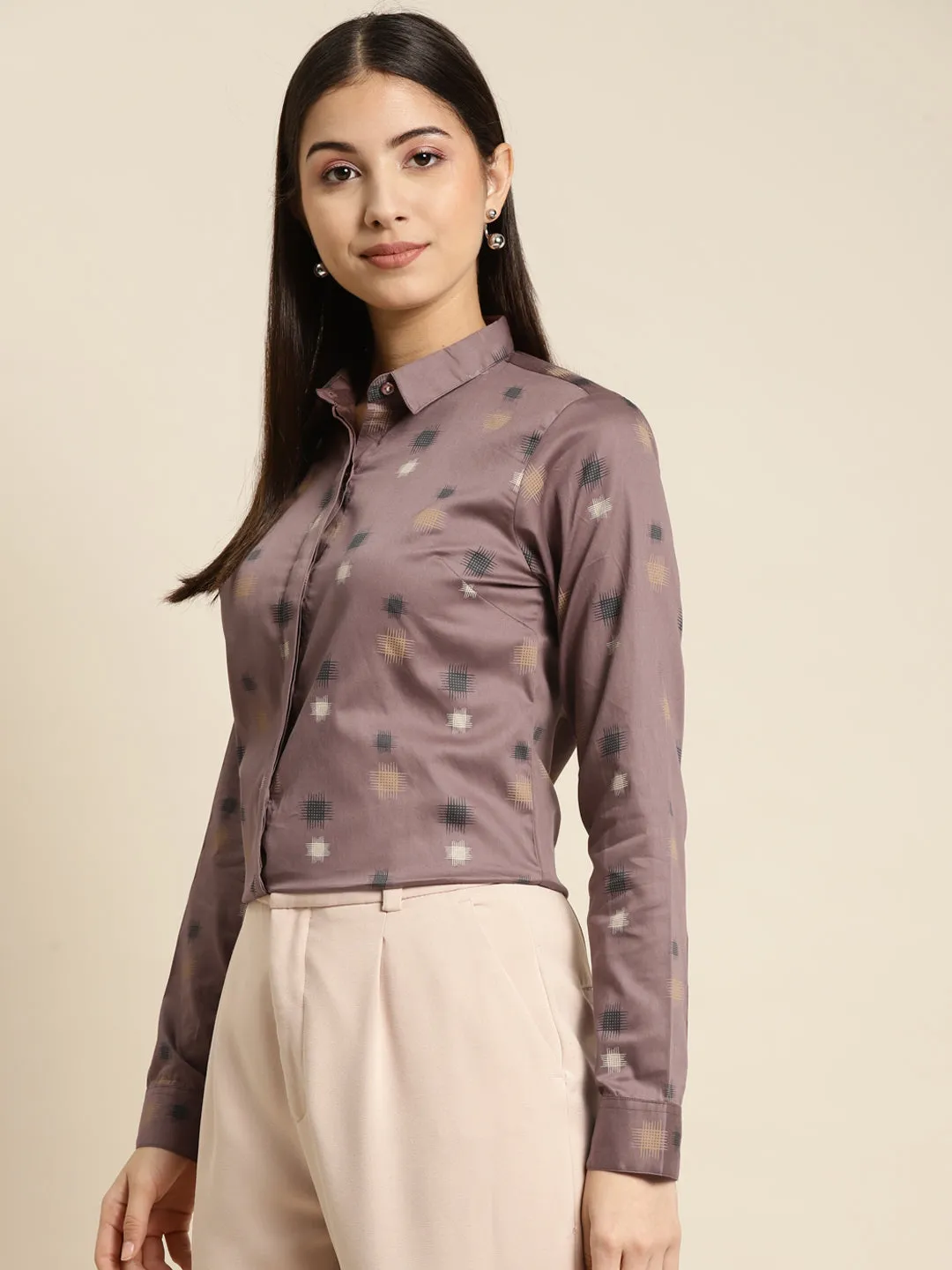 Women Mauve Printed Pure Cotton Slim Fit Formal Shirt