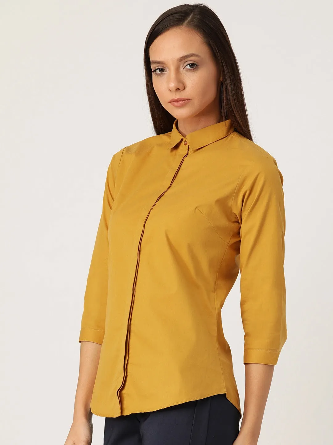 Women Mustard Solids Pure Cotton Slim Fit Formal Shirt