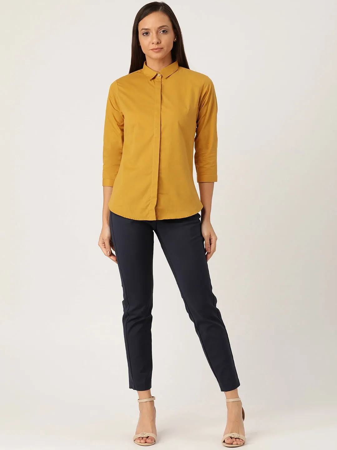 Women Mustard Solids Pure Cotton Slim Fit Formal Shirt