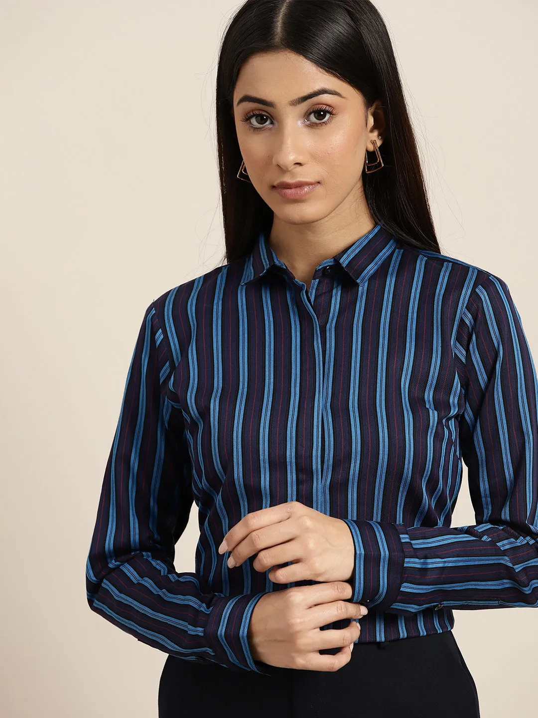 Women Navy & Blue Stripes Pure Cotton Slim Fit Formal Shirt