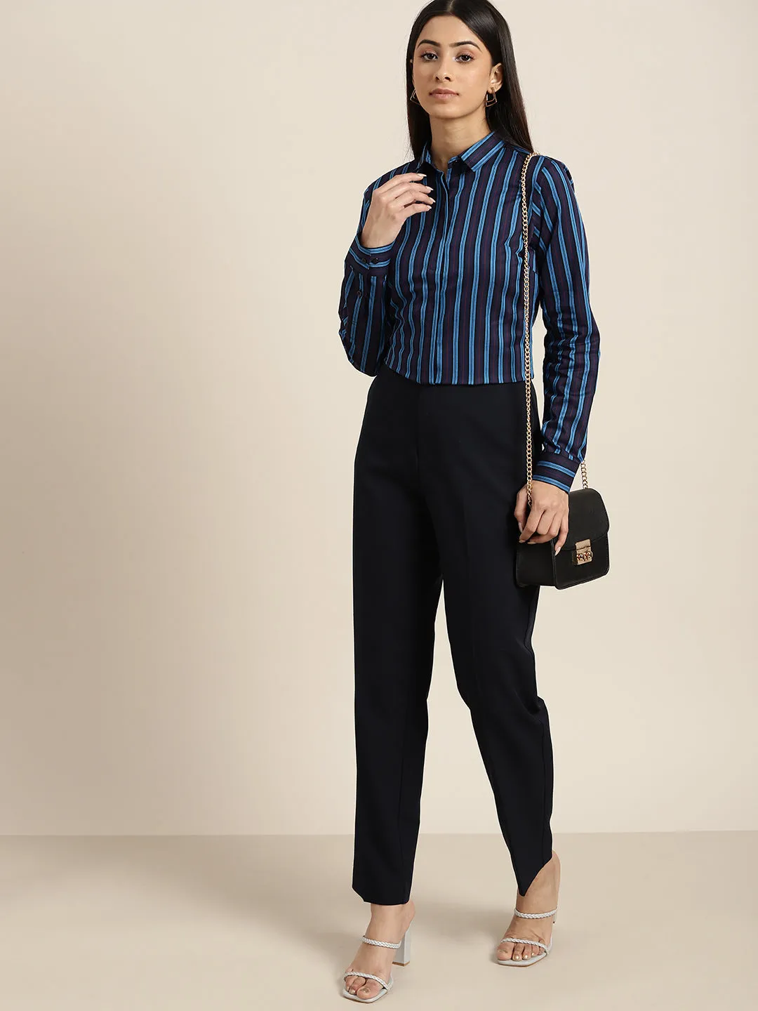 Women Navy & Blue Stripes Pure Cotton Slim Fit Formal Shirt