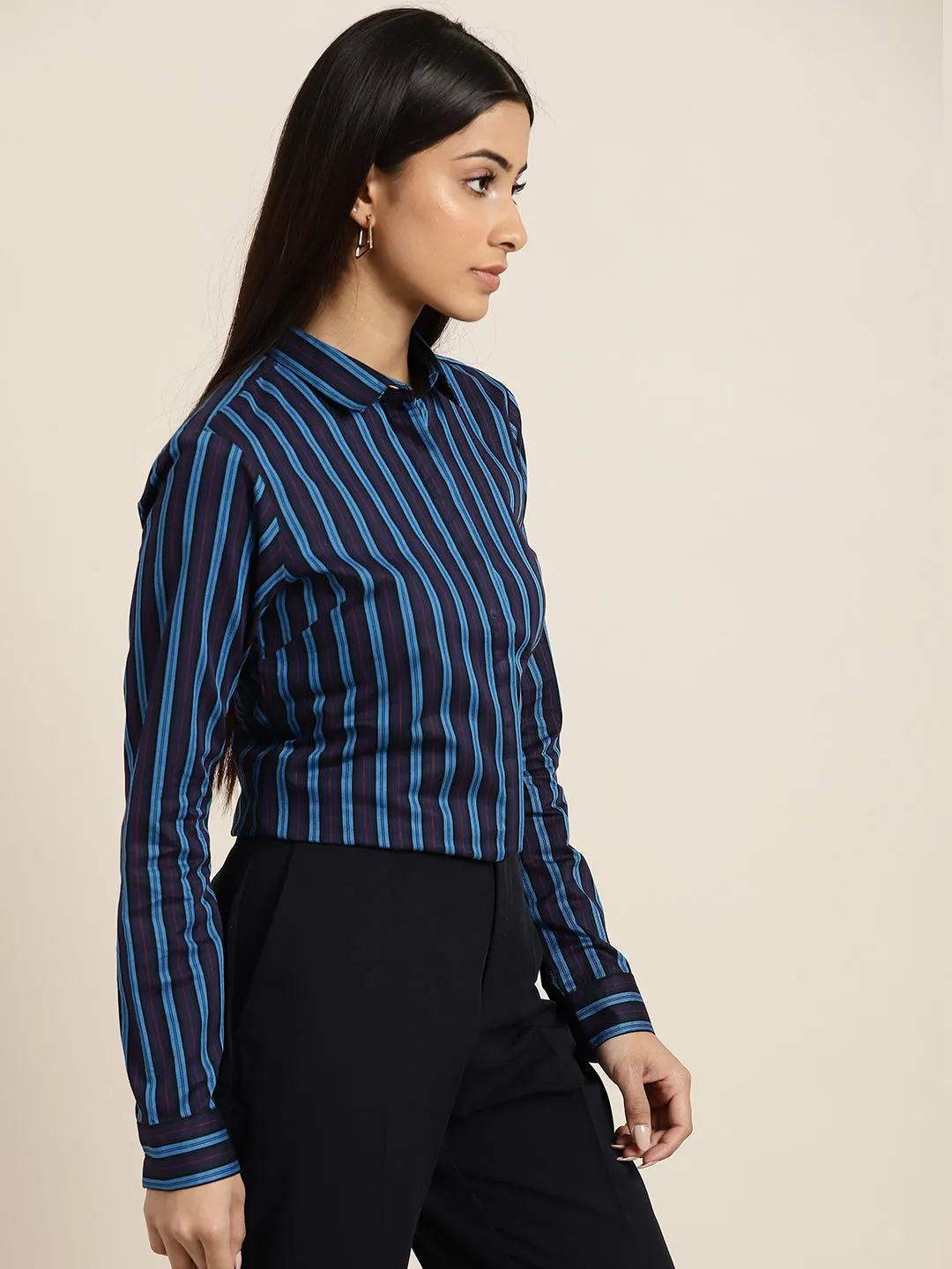 Women Navy & Blue Stripes Pure Cotton Slim Fit Formal Shirt
