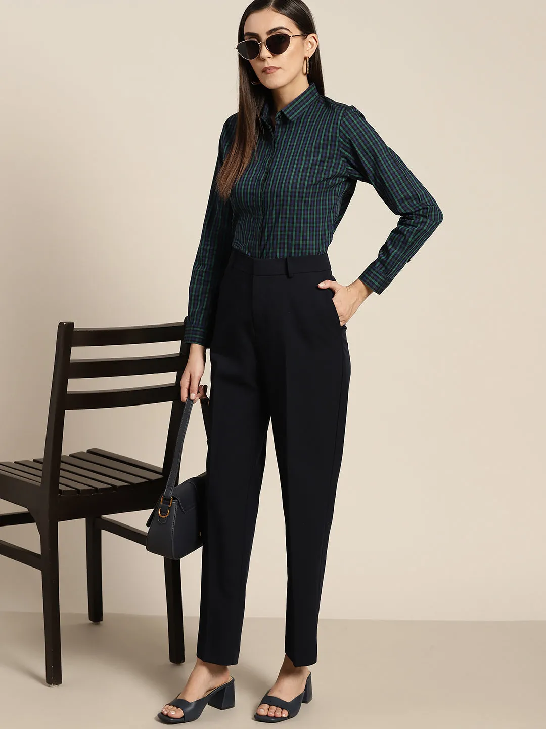 Women Navy & Green Checks Pure Cotton Slim Fit Formal Shirt