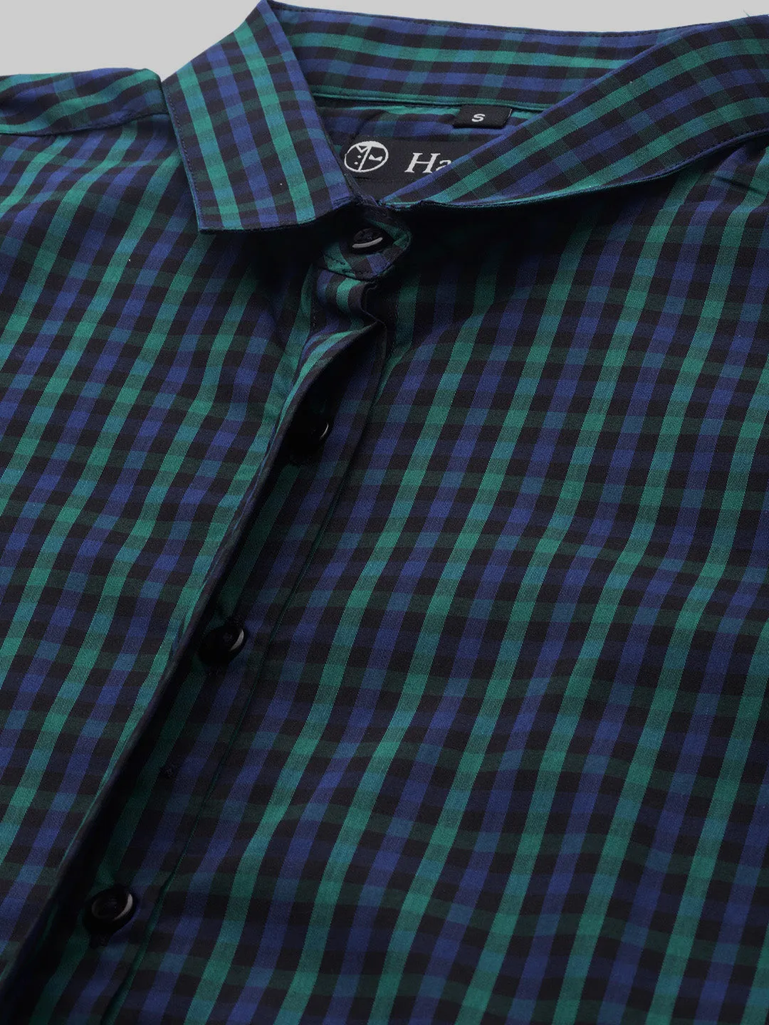 Women Navy & Green Checks Pure Cotton Slim Fit Formal Shirt