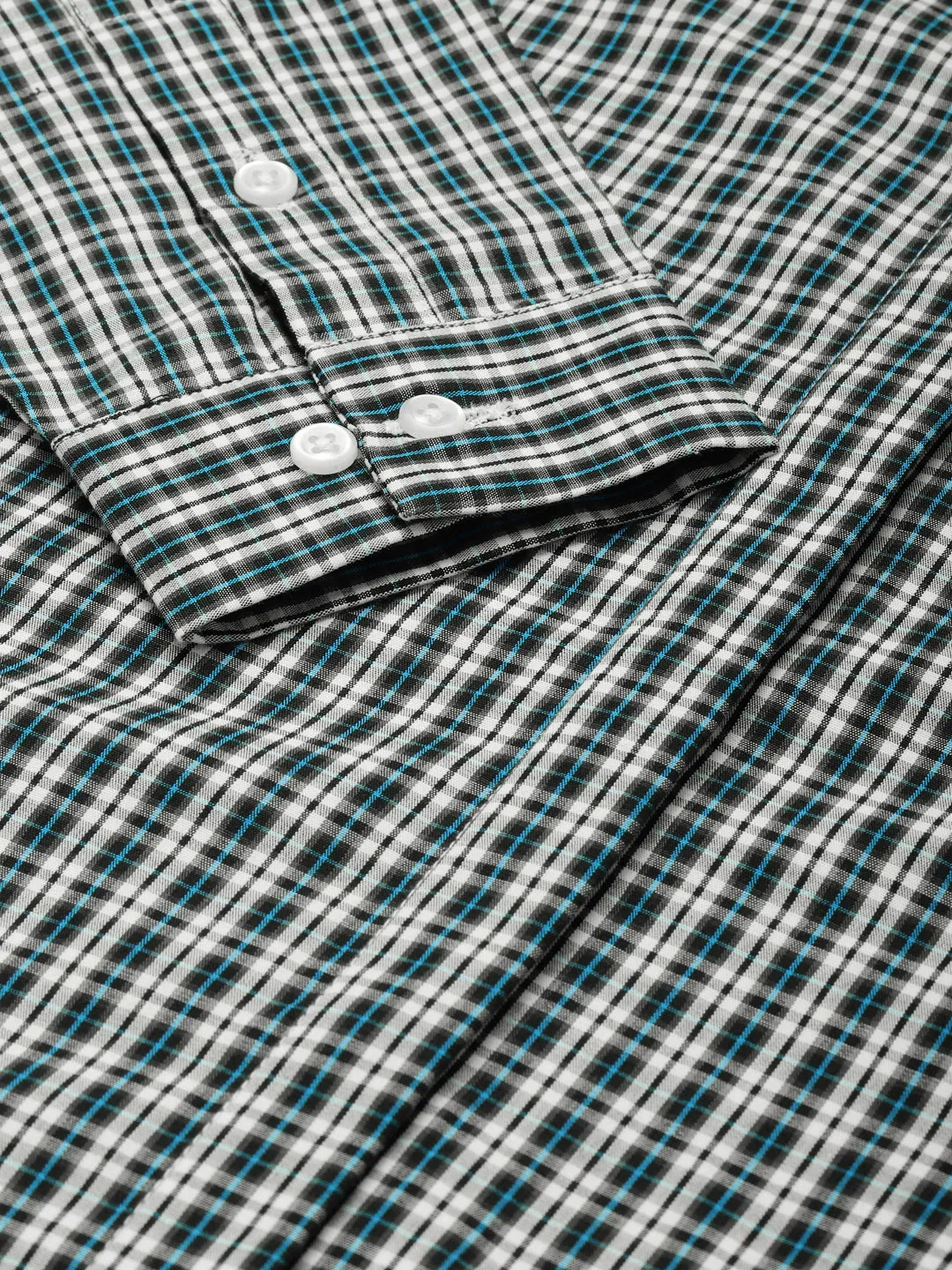 Women Navy & White Checked Pure Cotton Slim Fit Formal Shirt