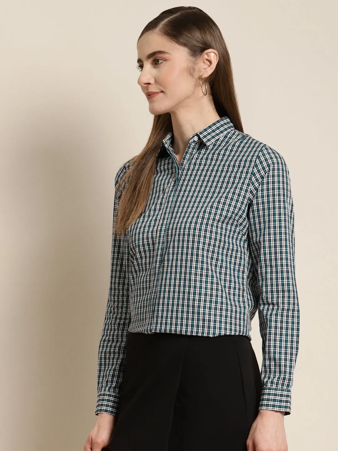 Women Navy & White Checked Pure Cotton Slim Fit Formal Shirt