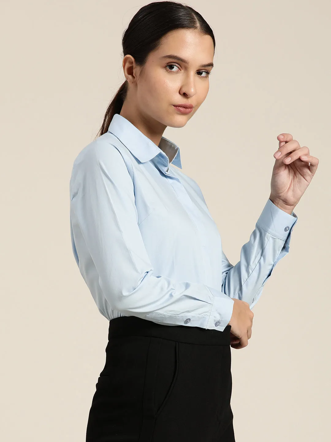 Women Sky Solid Pure Cotton Regular Fit Formal Shirt