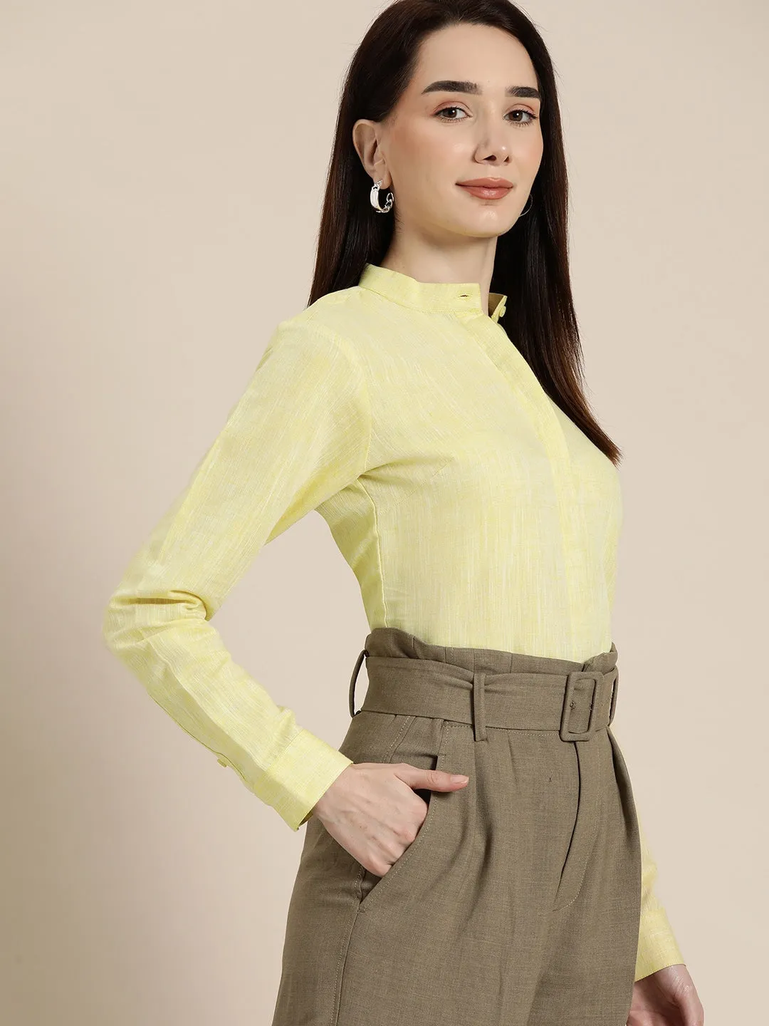 Women Yellow Solid Linen Cotton Slim Fit Formal Shirt
