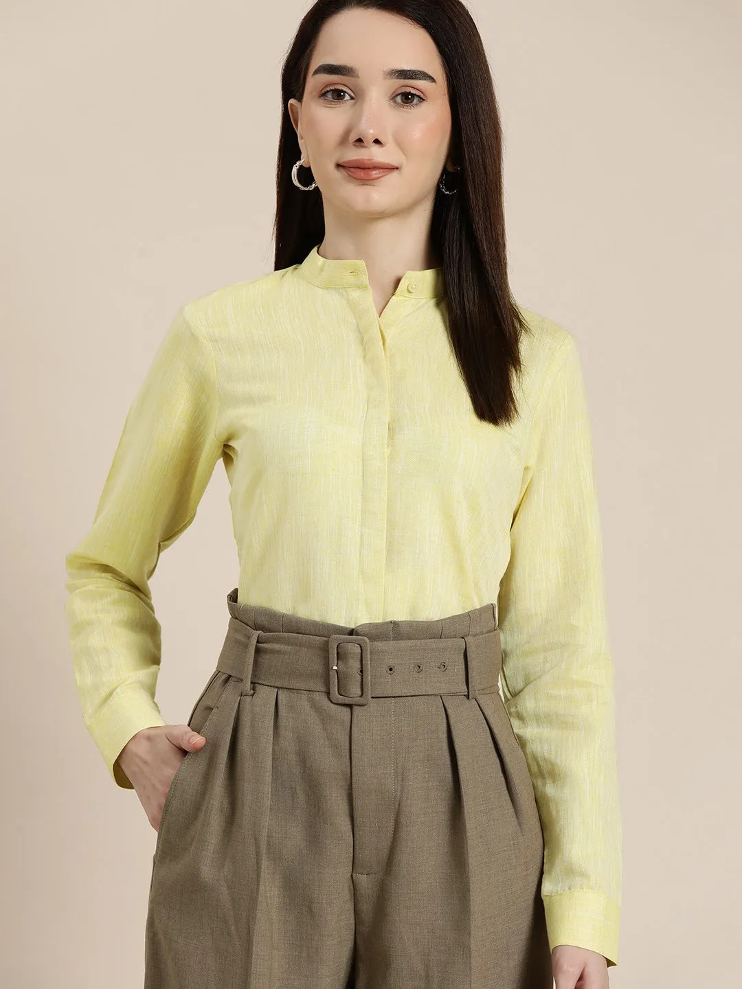 Women Yellow Solid Linen Cotton Slim Fit Formal Shirt