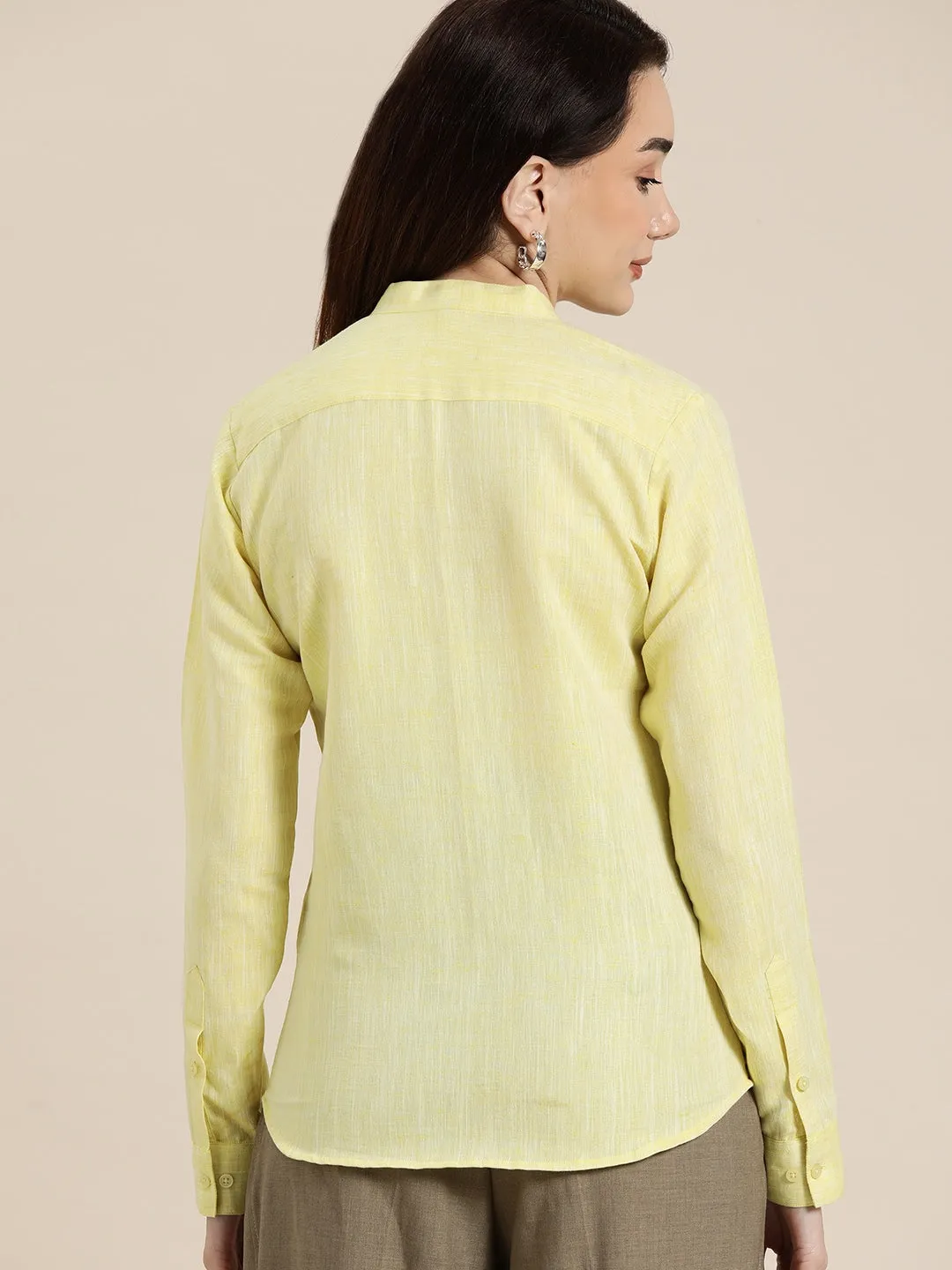 Women Yellow Solid Linen Cotton Slim Fit Formal Shirt