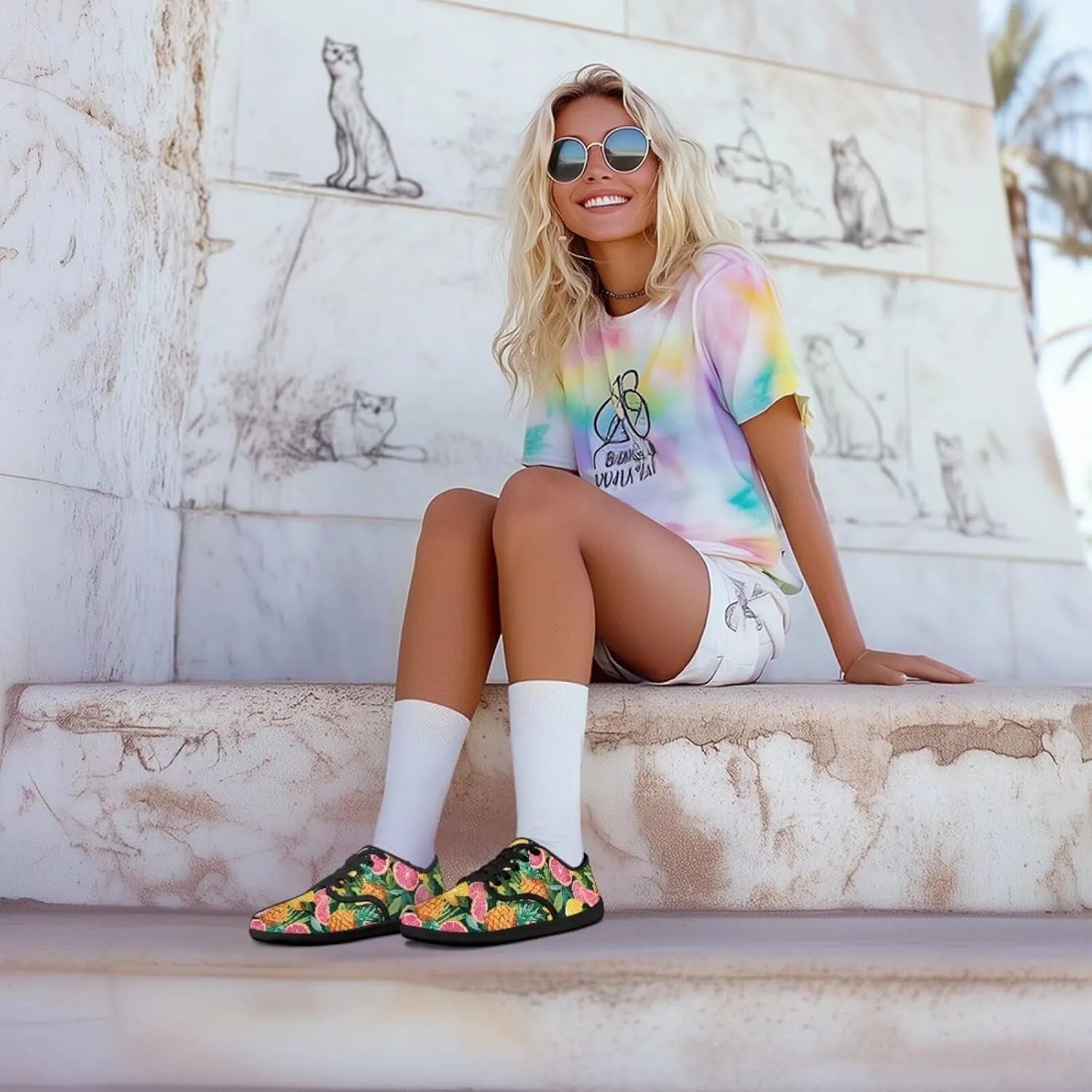 Womens Barefoot Shoes Lace Up Wide Toe Jogging Casual Sneakers Fruit Print