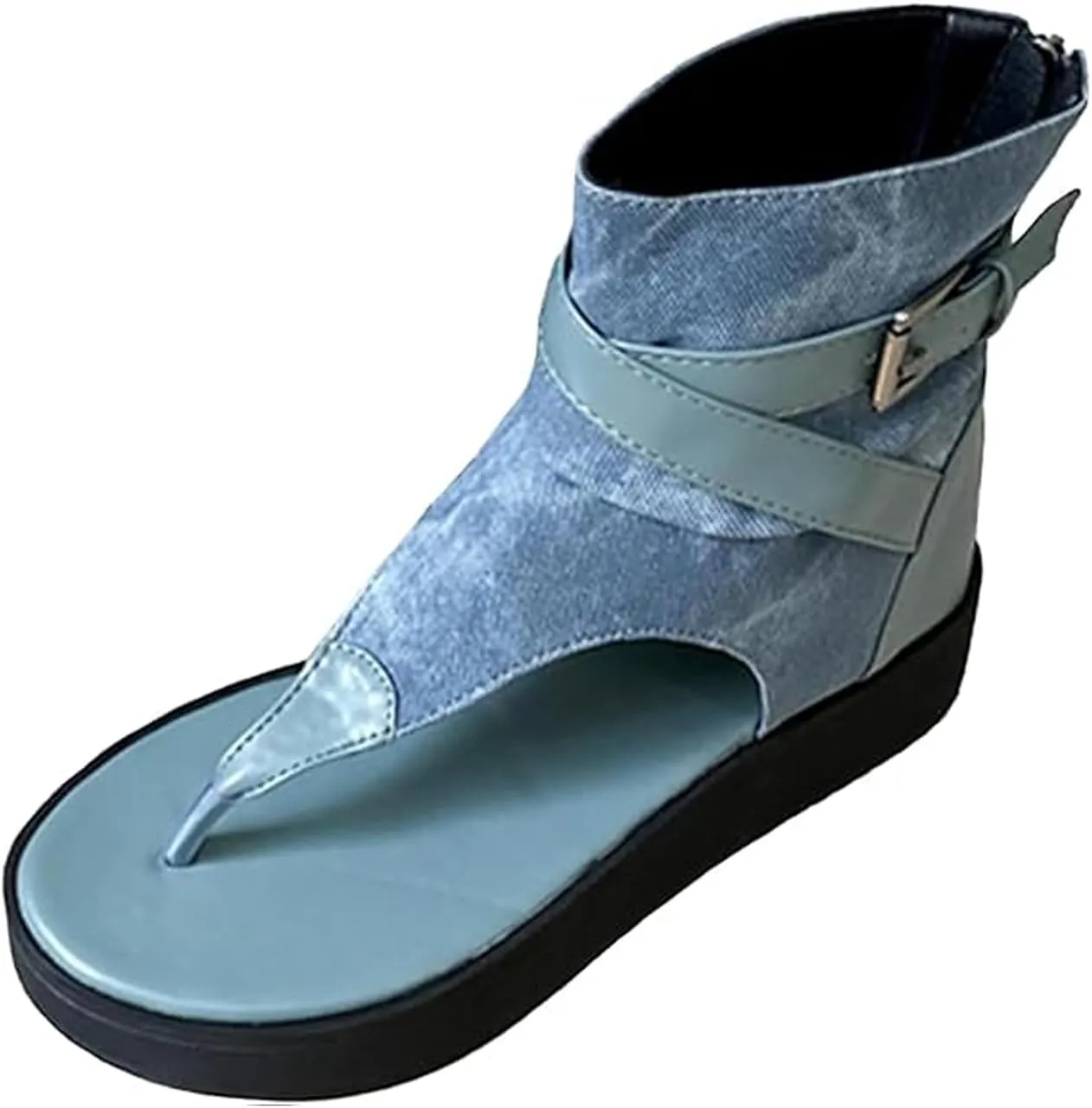 Women's Denim Platform Bohemian Gladiator Sandals Chunky Bottom Clip Toe T-Strap Back Zip Roman Sandals with Buckle Decor Casual High top Walking Beach y2k Sandals