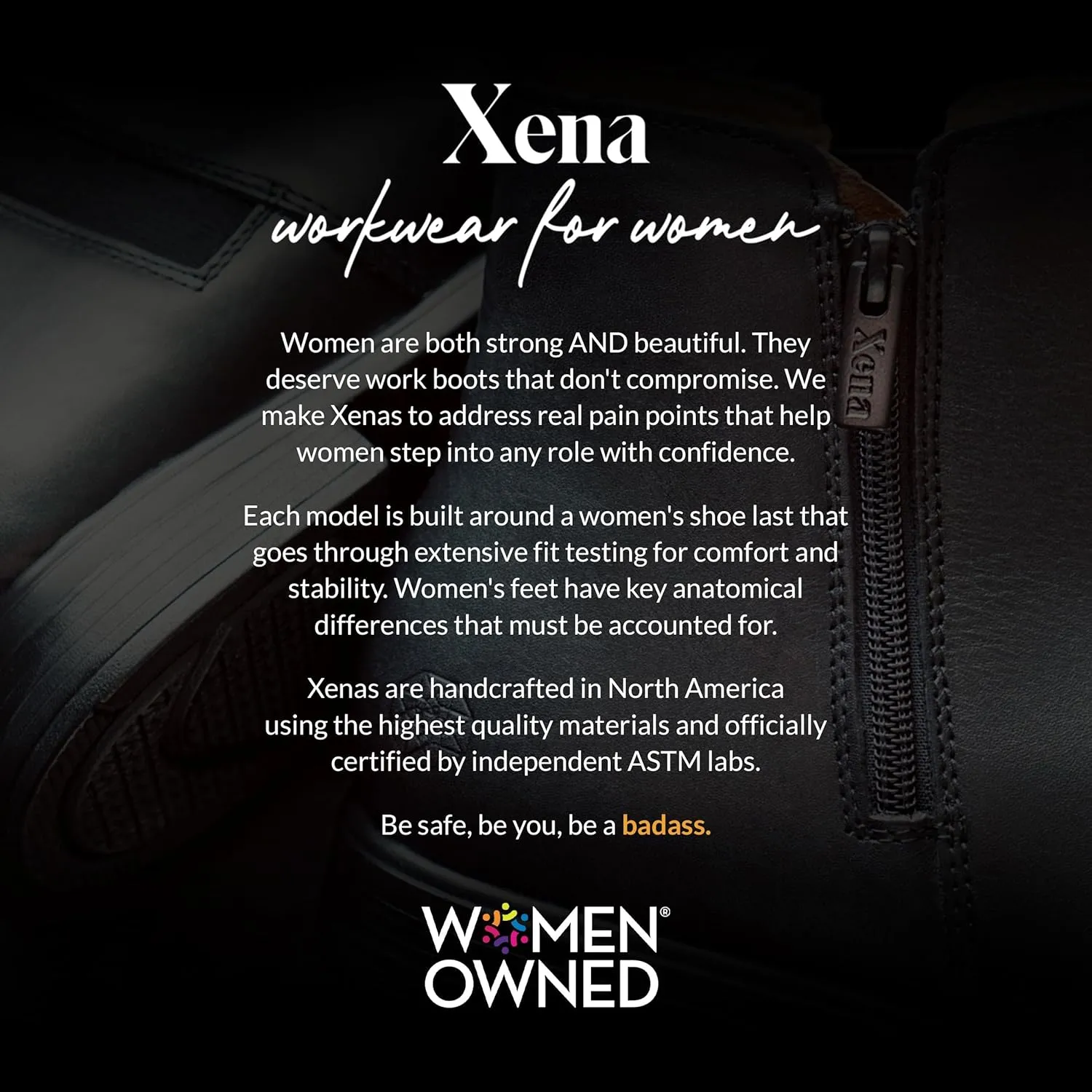 XENA Spice Womens Safety Steel Toe Work Boots, Premium Leather, Lightweight, Breathable, Comfortable, Slip Resistant, Laces and Side Zipper, ASTM F2413-18 Certified, OSHA Compliant, Jet Black Leather