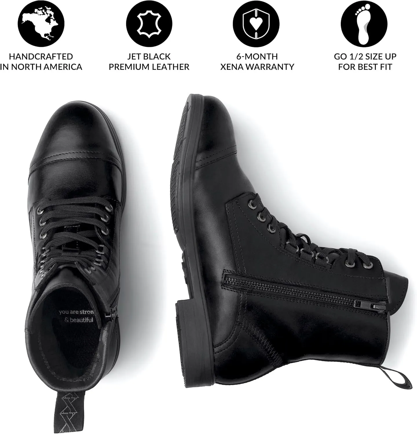 XENA Spice Womens Safety Steel Toe Work Boots, Premium Leather, Lightweight, Breathable, Comfortable, Slip Resistant, Laces and Side Zipper, ASTM F2413-18 Certified, OSHA Compliant, Jet Black Leather