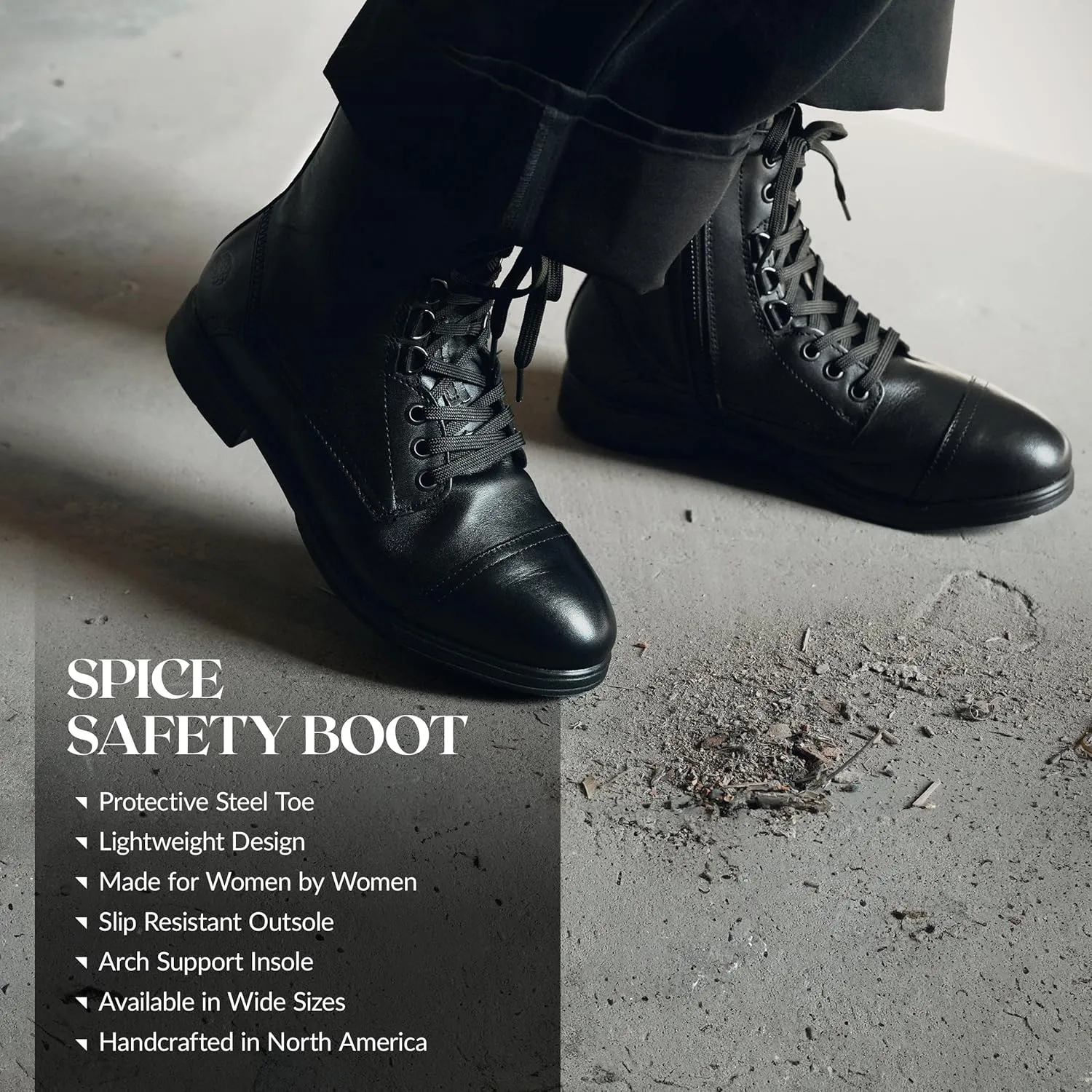 XENA Spice Womens Safety Steel Toe Work Boots, Premium Leather, Lightweight, Breathable, Comfortable, Slip Resistant, Laces and Side Zipper, ASTM F2413-18 Certified, OSHA Compliant, Jet Black Leather