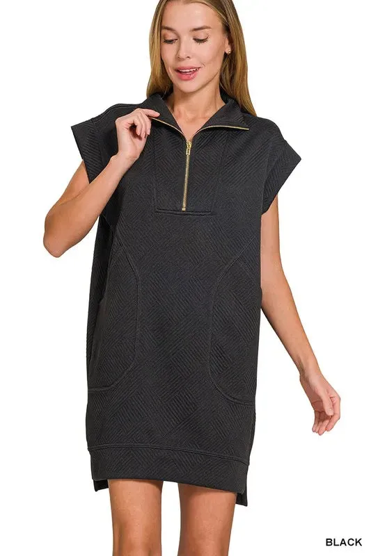 Zenana Textured Knit Jacquard Quarter Zipper Mini Dress In Black