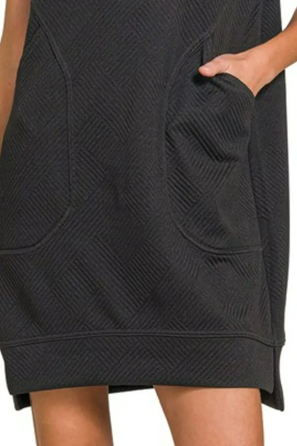 Zenana Textured Knit Jacquard Quarter Zipper Mini Dress In Black