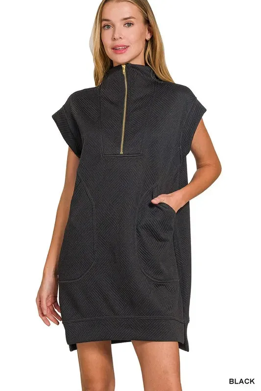 Zenana Textured Knit Jacquard Quarter Zipper Mini Dress In Black
