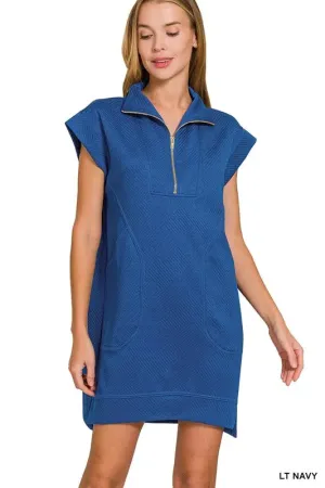 Zenana Textured Knit Jacquard Quarter Zipper Mini Dress In Lt Navy